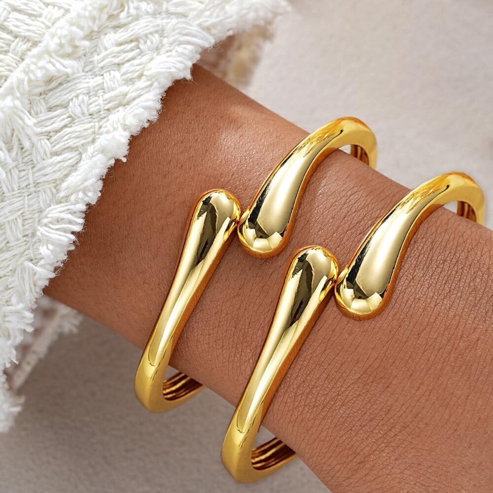 Gold 2 Pc Bangle Bracelets for Women and Teens Adjustable Chunky Twist Cuff - Picture 2 of 7